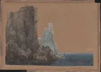 König Yngurd. Trauerspiel von Adolf Müllner. Entwurf zur 4. Dekoration. Turm mit Todespforte am Meer
