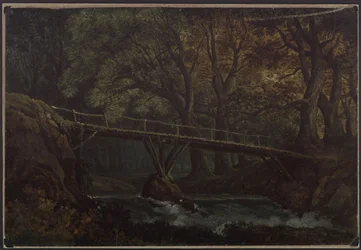 Undine. Oper von E. T. A. Hoffmann. Entwurf zur 7. Dekoration. Dichter Wald mit Brücke über einen Bach