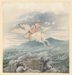 Weibliche Figur (Seifenbläserin) als Allegorie auf Christian Peter Wilhelm Beuth, den Pegasus über einer Industriestadt reitend