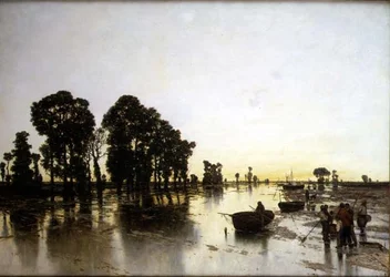 Eine weitläufige überflutete Landschaft mit Bauern