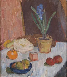 Komposition mit Hyazinthe, Früchten und blauer Schale