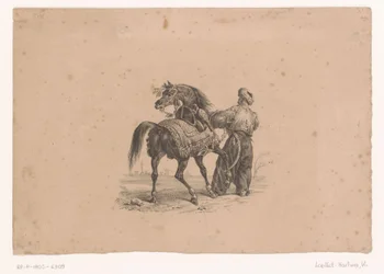 Pferd und stehender Mann in osmanischer Kleidung