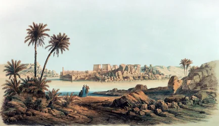 Ansicht von Philae. Lithographie nach Karl Richard Lepsius (1810-1884) Preußischer Ägyptologe. Blick über den Nil zu den Tempeln auf der Insel Philae.
