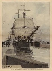 Schulschiff in der Schleuse von Holtenau am Nord-Ostsee-Kanal, Deutschland