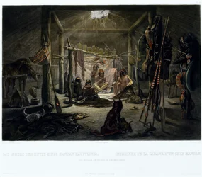 Das Innere der Hütte eines Mandan-Häuptlings, graviert von Narcisse Edmond Desmadryl, ca. 1835