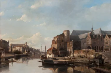 Capriccio-Ansicht einer niederländischen Stadt an einem Fluss