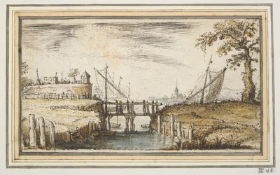 Fußgängerbrücke mit Bastion und Schiffen in der Ferne