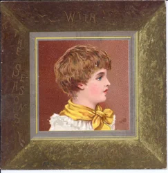 Viktorianische Neujahrskarte eines Mädchens in Regency-Kleidung mit blauem Hut, ca. 1880