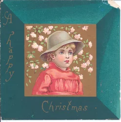 Viktorianische Neujahrskarte eines Mädchens in Regency-Kleidung mit einer Halskette aus blauen Perlen, ca. 1880