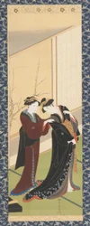 Innenraum: eine Frau hilft einem Mädchen beim Anziehen, Edo-Periode, 1726-1792