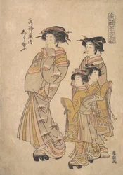 Die Oiran Shirayu von Wakanaya mit zwei Kamuro und Shinzo