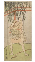 Schauspieler in Charakter (männlich) lehnt an gezogener Schwert mit Scheide auf dem Boden, ca. 1768-1770