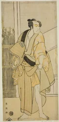 Der Schauspieler Ichikawa Monnosuke II als Hiranoya Tokubei (?) im Stück Waka Murasaki Edokko Soga (?), aufgeführt im Ichimura Theater (?) im dritten Monat, 1792 (?)