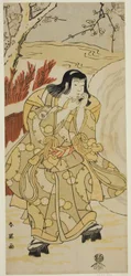 Der Schauspieler Iwai Hanshiro IV als Junge, der auf seine Hände bläst neben einem großen Schneeball, im Stück Nigiwai Genji Hana Saku Kado, aufgeführt im Kawarazaki Theater im elften Monat, 1793
