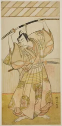 Der Schauspieler Ichikawa Danjuro V als Taira no Munekiyo (?) aus dem Stück Kitekaeru Nishiki no Wakayaka (?), aufgeführt im Nakamura-Theater (?) im elften Monat, 1780 (?)