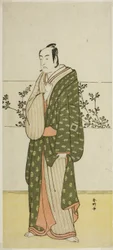 Der Schauspieler Ichikawa Monnosuke II, möglicherweise als Matsuya Soshichi, im Stück Chiyo no Hajime Ondo no Seto (Anfänge der Ewigkeit: Die Ondo-Straße im Seto-Binnenmeer) (?), aufgeführt im Kiri-Theater ab dem siebenundzwanzigsten Tag des siebten Monats