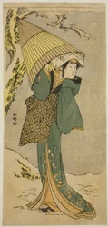 Der Schauspieler Nakamura Riko I als Kiyotaki im Stück Oakinai Hiru ga Kojima, aufgeführt im Nakamura-Theater im elften Monat, 1784