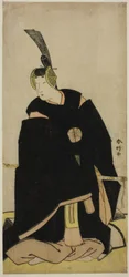 Der Schauspieler Nakamura Tomijuro I als Taira no Masakado verkleidet als Otomo no Kuronushi (?) oder Sugawara Micihizane (?) im Stück Shida Yuzuriha Horai Soga (?) oder Sugawara Denju Tenarai Kagami (?), aufgeführt im Morita-Theater (?) im ersten oder fün