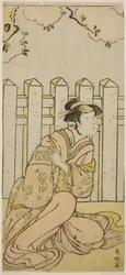 Der Schauspieler Osagawa Tsuneyo II als Onoe im Stück Haru no Nishiki Date-zome Soga, aufgeführt im Nakamura-Theater im vierten Monat, 1790