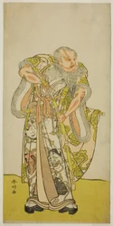 Der Schauspieler Sakata Hangoro II als Hige no Ikyu im Stück Shida Yakata Yotsugi no Hikibune, aufgeführt im Ichimura-Theater im fünften Monat, 1782
