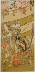 Die Schauspieler Ichikawa Raizo II als Kojiro Masahira (rechts) und Ichikawa Danzo IV als Doi no Yataro (links), im Stück Kaomise Ama no Iwato, aufgeführt im Nakamura Theater im elften Monat, 1774