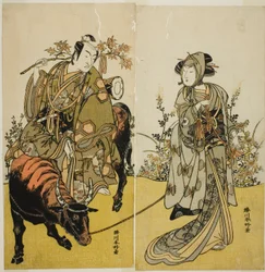 Die Schauspieler Iwai Hanshiro IV als Okume (rechts) und Ichikawa Monnosuke II als Koshiba Yukienojo verkleidet als Eboshi-Verkäufer Rokusaburo (links), im Stück Katakiuchi Adana Kashiku, aufgeführt im Nakamura-Theater im siebten Monat, 1779
