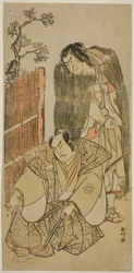 Die Schauspieler Nakamura Nakazo I als Kagekiyo verkleidet als Bettler (rechts), und Otani Hiroji III als Onio Shinzaemon (links), im Stück Kotobuki Banzei Soga, aufgeführt im Ichimura Theater im dritten Monat, 1783