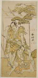 Die Schauspieler Otani Hiroji III als Onio Shinzaemon (rechts) und Nakamura Sukegoro II als Wappa no Kikuo (links) im Stück Iro Moyo Aoyagi Soga, aufgeführt im Nakamura-Theater im ersten Monat, 1775