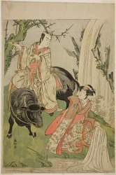 Die Schauspieler Segawa Kikunojo III als Prinzessin Hatsune (Hatsune Hime) und Ichikawa Monnosuke II als Miyukinosuke Yukinari im Stück Otokoyama Furisode Genji, aufgeführt im Kiri-Theater im elften Monat, 1785