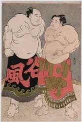 Ganzkörperporträts der Ringer Onogawa Kisaburo, rechts, und Tanizake Kajinosuke, links
