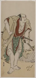 Otani Hiroji III als ein Samurai, der neben einem Bach steht