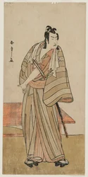 Ichikawa Yaozo II als ein Otokodate, der neben einer Bank steht