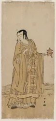 Ichimura Uzaemon IX als Shingen in Eine Reihe von Gebetsperlen, die an einem Wasserfallband geschüttelt werden