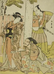 Szene am Tsurugaoka Hachiman-Schrein, aus Akt Eins von Chushingura (Schatz der siebenundvierzig treuen Vasallen), aus der Serie Chushingura Juichimai-Tsuzuki (Satz von elf Blättern, die Chushingura illustrieren), ca. späte 1770er Jahre