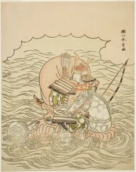 Taira no Atsumori reitet auf einem Pferd ins Meer, ca. 1770