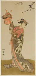 Der Schauspieler Arashi Hinaji I als Hananoi im Stück Gosho-zakura Horikawa Youchi, aufgeführt im Ichimura-Theater im vierten Monat, 1773