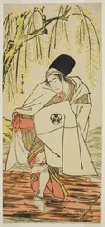 Der Schauspieler Bando Mitsugoro I als Shinto-Priester Goinosuke, verkleidet als Geist eines weißen Reihers, im Stück Sakikaese Yuki no Miyoshino, aufgeführt im Morita-Theater im elften Monat, 1781