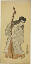 Der Schauspieler Ichikawa Danjuro IV möglicherweise als Tenjiku Tokubei im Stück "Tenjiku Tokubei wendet das Steuer nach Hause (Tenjiku Tokubei Kokyo no Torikaji)," aufgeführt im Nakamura-Theater im achten Monat, 1768