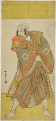 Der Schauspieler Ichikawa Danjuro V als Prinz Koretaka verkleidet als Kurier Izutsu Chuji, im Stück Yamato Kano Ariwara Keizu, aufgeführt im Nakamura-Theater im fünften Monat, 1781
