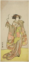 Der Schauspieler Ichikawa Monnosuke II als Kurtisane Kewaizaka no Shosho im Stück Sono Kyodai Fuji no Sugatami, aufgeführt im Morita-Theater im ersten Monat, 1776
