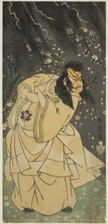 Der Schauspieler Ichimura Uzaemon IX als Kan Shojo im Stück Sugawara Denju Tenarai Kagami, aufgeführt im Ichimura Theater im achten Monat, 1768