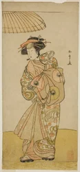 Der Schauspieler Ikushima Daikichi III als Kurtisane Naniwazu im Stück Saki Masuya Ume no Kachidoki, aufgeführt im Ichimura-Theater im elften Monat, 1777
