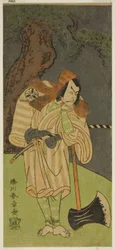 Der Schauspieler Matsumoto Koshiro II als Osada no Taro Kagemune verkleidet als Holzfäller Gankutsu no Gorozo im Stück Nue no Mori Ichiyo no Mato, aufgeführt im Nakamura-Theater im elften Monat, 1770