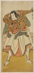 Der Schauspieler Nakamura Nakazo I als Chinzei Hachiro Tametomo verkleidet als asketischer Mönch, im Stück Kitekaeru Nishiki no Wakayaka, aufgeführt im Nakamura-Theater im elften Monat, 1780
