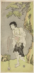 Der Schauspieler Nakamura Nakazo I als Mönch Raigo Ajari im Stück Nue no Mori Ichiyo no Mato, aufgeführt im Nakamura-Theater ab dem ersten Tag des elften Monats, 1770