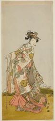 Der Schauspieler Nakamura Noshio I als Prinzessin Usuyuki (Usuyuki Hime) im Stück "Shin Usuyuki Monogatari," aufgeführt im Morita Theater im fünften Monat, 1774