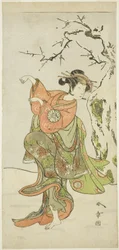 Der Schauspieler Nakamura Noshio I als die Fuchs-Frau von Furui, in einer Tanzsequenz (Shosagoto) im zweiten Teil des Stücks Izu-goyomi Shibai no Ganjitsu, aufgeführt im Morita-Theater ab dem ersten Tag des elften Monats