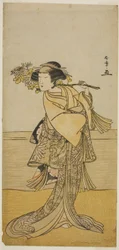 Der Schauspieler Nakamura Tomijuro I als weiblicher Fuchs vom Berg Ubagadake im Stück Chigo Torii Tobiiri Kitsune, aufgeführt im Ichimura Theater im elften Monat, 1777