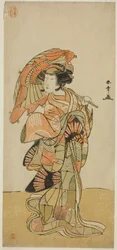 Der Schauspieler Nakamura Tomijuro I als weiblicher Fuchs vom Berg Ubagadake im Stück "Chigo Torii Tobiiri Kitsune," aufgeführt im Ichimura-Theater im elften Monat, 1777