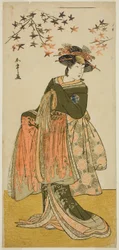 Der Schauspieler Nakayama Tomisaburo I als die Geisha Yukino (oder Oyuki?) im Stück Kabuki no Hana Bandai Soga, aufgeführt im Ichimura-Theater im vierten Monat, 1781